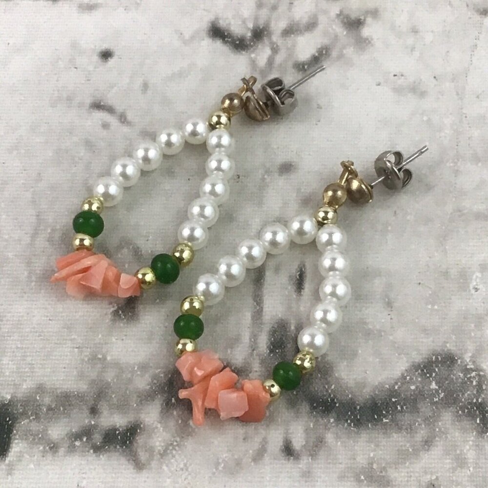 Vintage Bead Loop Tear Drop Dangle Fashion Earrings Faux Pearls Pink Stones